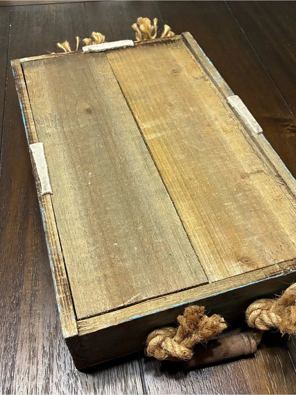 Farmhouse Painted Wood Rectangle Serving Tray Rope Handles Brown White Blue